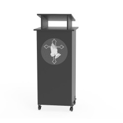 FixtureDisplays® Black Wood Podium Pulpit Lectern Event with Prayer Hands Logo Debate Speech School Mobile on Wheels Castors Easy Assembly Required Come with Videos 10057+12152