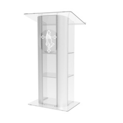 FixtureDisplays® Clear Acrylic Plexiglass Lucite Podium Curved Brushed Stainless Steel Sides Pulpit Lectern With Pray Hand 14307+12152