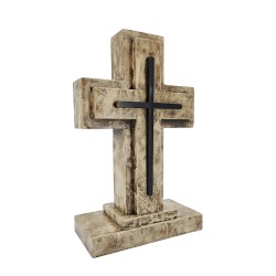 FixtureDisplays® Wooden Pedestal Rugged Cross with Metal Details 5. 5