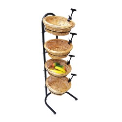 FixtureDisplays® 4 Tier Basket Stand, Sign Clips, Wicker Grocery Store Rack Display, Market Basket Rack Kitchen Toiletry Organizer 15.0