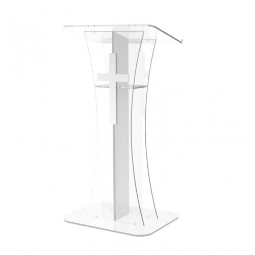 FixtureDisplays® Podium Clear Ghost Acrylic w / White Cross With Cross decor 1803-310 Easy Assembly Required