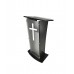 Acrylic Church Podium Pulpit Debate Conference Lectern Plexiglass Lucite Black Wood Shelf Cup Holder on Wheels with White Cross 1803-5-BLACK+1803CROSS